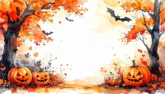 Celebrating halloween festivities with pumpkins and bats in a colorful autumn landscape whimsical illustration enchanted environment vibrant viewpoint