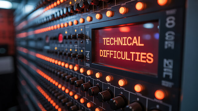 Server room display shows technical difficulties with blinking lights and complex equipment
