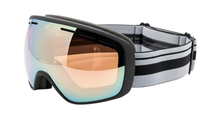 Ski goggles with mirrored lens and adjustable strap isolated on transparent background