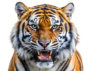 Obraz premium Close-up of a Fierce Tiger's Face with Open Mouth and Sharp Teeth animal wildlife isolated on a transparent background