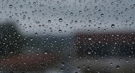 Close-up of sparkling raindrops on a window pane, creating an abstract and blurry view of the outside world on a moody, rainy day