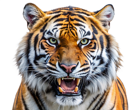 Close-up of a Fierce Tiger's Face with Open Mouth and Sharp Teeth animal wildlife isolated on a transparent background