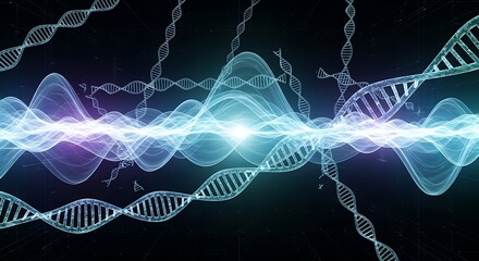 Abstract dna strands and energy waves intertwine in a dark space, symbolizing scientific research and technological advancement with a futuristic mood.