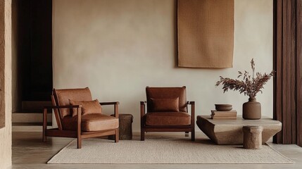 A living room with a brown couch and two brown chairs. A vase with flowers sits on a table