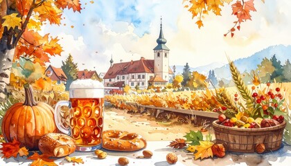 Autumn festivities celebrated with beer and treats in a picturesque village vibrant nature scenic viewpoint