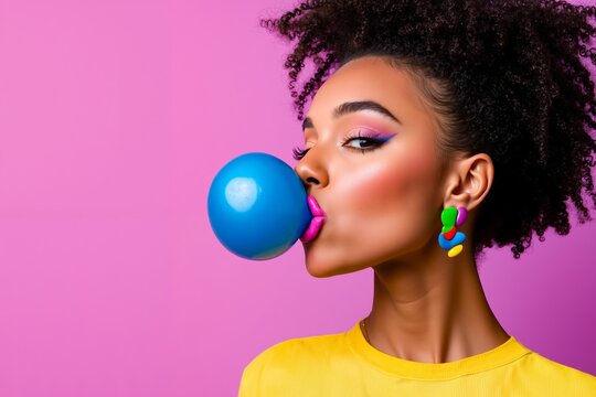 A woman blowing a blue bubblegum in front of a pink background