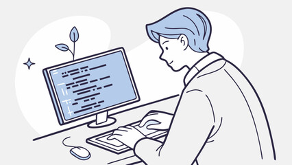 Person working on computer programming coding software development digital illustration modern workplace technology concept flat design vector art minimalist style clean design office worker computer.