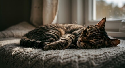 A cute domestic tabby cat napping peacefully on a soft bed, basking in the serene morning sunlight from a nearby window at home