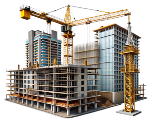 Construction Site With Tower Cranes And Buildings Under Development Keywords: construction isolated on a transparent background