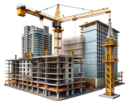 Construction Site With Tower Cranes And Buildings Under Development Keywords: construction isolated on a transparent background