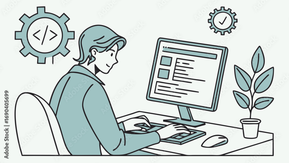 Wall mural person working at computer coding programming software development website design desktop illustrati