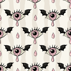Retro Halloween Monster Eye Seamless Pattern Vector Background Vintage With Crying Eyeball And Bat Wing