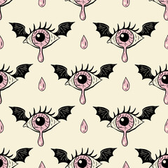 Retro Halloween Monster Eye Seamless Pattern Vector Background Vintage With Crying Eyeball And Bat Wing