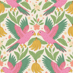 Fototapeta premium Vintage Whimsical Parrot Banana Seamless Tropical Vector Pattern With Pink Flowers Exotic Leaves