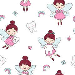 Cute Tooth Fairy Seamless Pattern With Wings, Teeth, Butterfly  Rainbow Vector Dentist Background