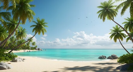 Fototapeta premium Idyllic tropical paradise beach with calm turquoise water, white sand, and lush palm trees under a sunny sky