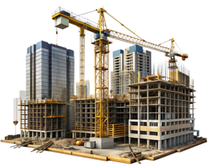 Extensive Construction Project With Tower Cranes And High- Rise Buildings Keywords: construction isolated on a transparent background