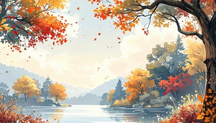 Autumn scenic view of colorful foliage reflected in calm lake nature landscape tranquil environment panoramic perspective
