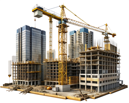 Extensive Construction Project With Tower Cranes And High- Rise Buildings Keywords: construction isolated on a transparent background