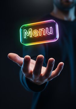 Man holding hand under floating luminous menu button sign
