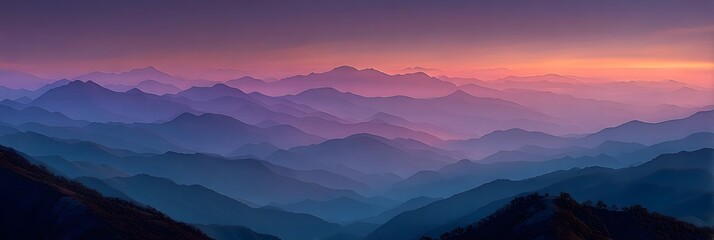 Obraz premium Breathtaking panoramic view of layered mountain silhouettes in shades of blue and purple under a vibrant pink and orange, majestic sunset.