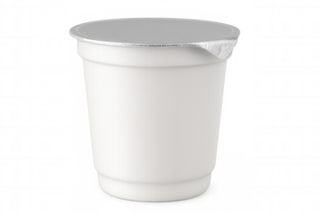 White plastic yogurt cup with partially peeled foil lid, isolated on transparent background, ready for your design