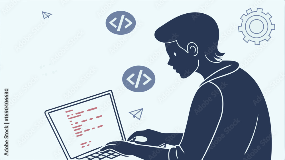 Wall mural programmer coding on laptop software development website design technology illustration digital work