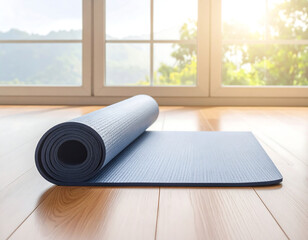 Yoga mat in natural light with window and plants view
