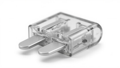 Clear electrical plug with metallic prongs on a white background  