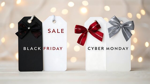 Black friday and cyber monday sale tags with ribbons isolated on white background for shopping promotion and discount offers