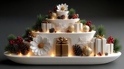 Elegant tiered Christmas centerpiece, festive white and gold, celebrating holiday season traditions