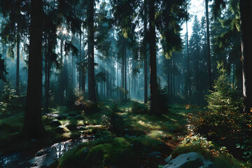 Obraz premium Enchanting Sunlit Forest with Lush Greenery and Majestic Pine Trees