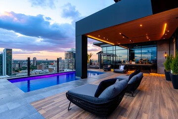 Fototapeta premium A rooftop pool with lounge chairs and a view of the city