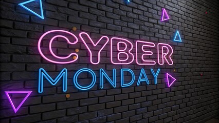 Obraz premium Neon cyber monday sign glowing against a dark brick wall, advertising discounts and promotions for online shopping event