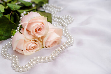 The branch of pink rose on white fabric background