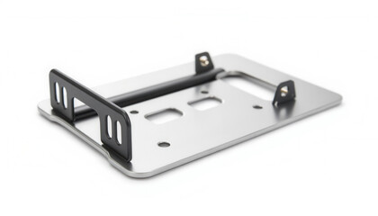 Metal mounting bracket with black hardware on white background  