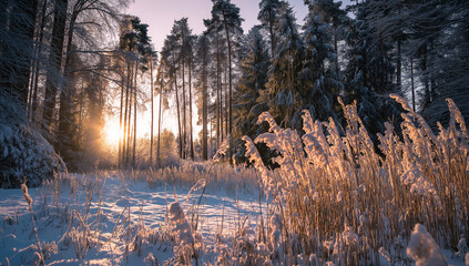 beautiful winter landscape with trees covered in snow and sunlight shining through them. the sun is setting behind the forest, 