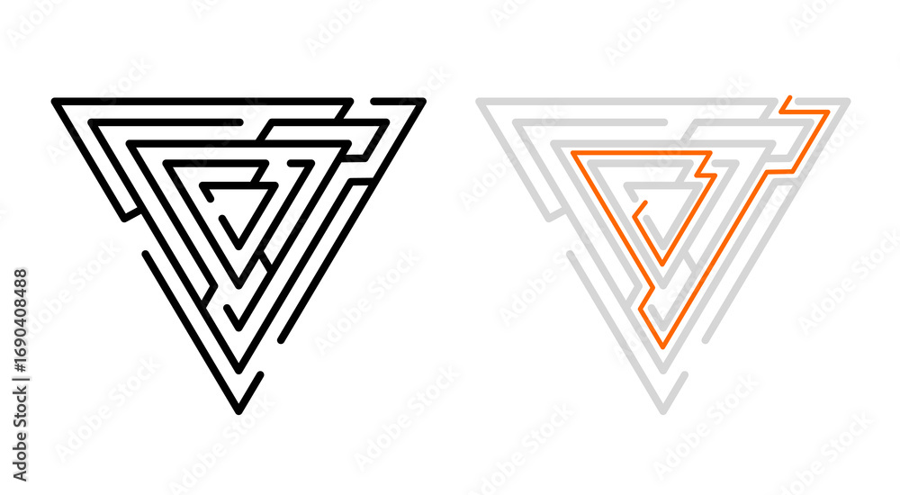 Fototapete unique triangular maze illustration with a black version and a version with the solved route highlig