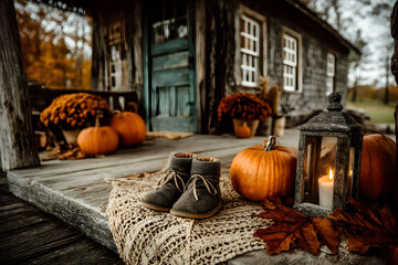 Obraz premium Autumn Rustic Porch with Cozy Boots, Pumpkins, and Lantern - Fall Decor Inspiration