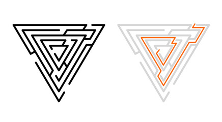 unique triangular maze illustration with a black version and a version with the solved route highlighted in orange Ideal for puzzles graphic design elements vector