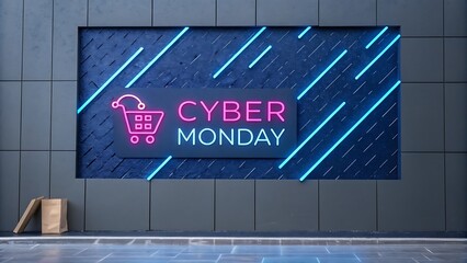 Fototapeta premium Cyber monday advertisement featuring a shopping cart with a santa hat and neon lights on a textured wall, promoting holiday shopping deals