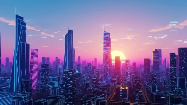 Cityscape with tall neonoutlined buildings at sunset pink and purple sky