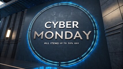A digital background with the words cyber monday in white letters and all items up to 50 off in smaller letters