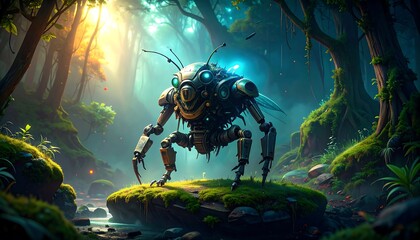 Steampunk insect in a lush forest
