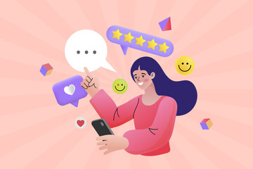 Showcase the power of positive customer feedback. This vibrant illustration features a happy user giving a 5-star rating, perfect for testimonials, reviews, and social media engagement.