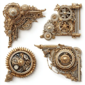 Four ornate corner decorative elements, intricately detailed with gears, cogs, and intricate metallic patterns in gold and silver tones