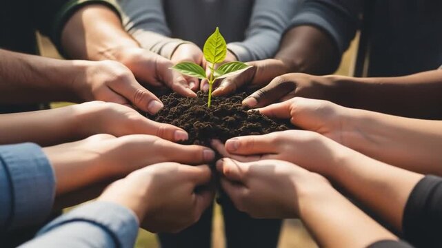 A diverse group of people's hands coming together to hold a young green sapling, symbolizing unity, environmental care, and sustainable growth for the future