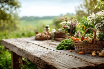 Fototapeta premium Rustic wooden table with fresh vegetables and flowers