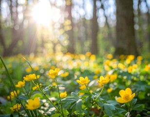 Obraz premium Yellow flowers in a sunlit forest