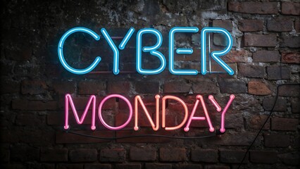 Obraz premium A neon sign on a brick wall advertises cyber monday with blue and pink lights for a promotional advertisement campaign